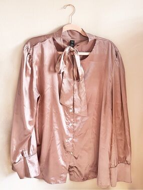 3X Pink Satin Bow Neck Blouse